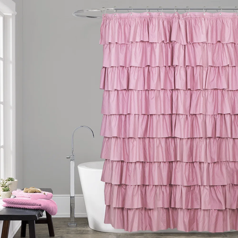 luxury waterproof fabric shower curtain ruffle pink white gray thick bathroom curtain for bathtub with hooks princess decoration free global shipping