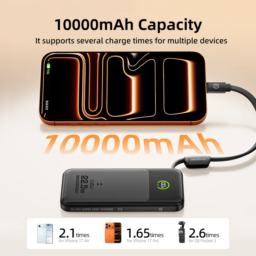 Фото 【CCC】Movespeed P19 LFP Аккумулятор Power Bank 10000 мАч Встроенный USB C-кабель Powerbank Внешнее зарядное устройство для iPhone Xiaomi Samsung №2