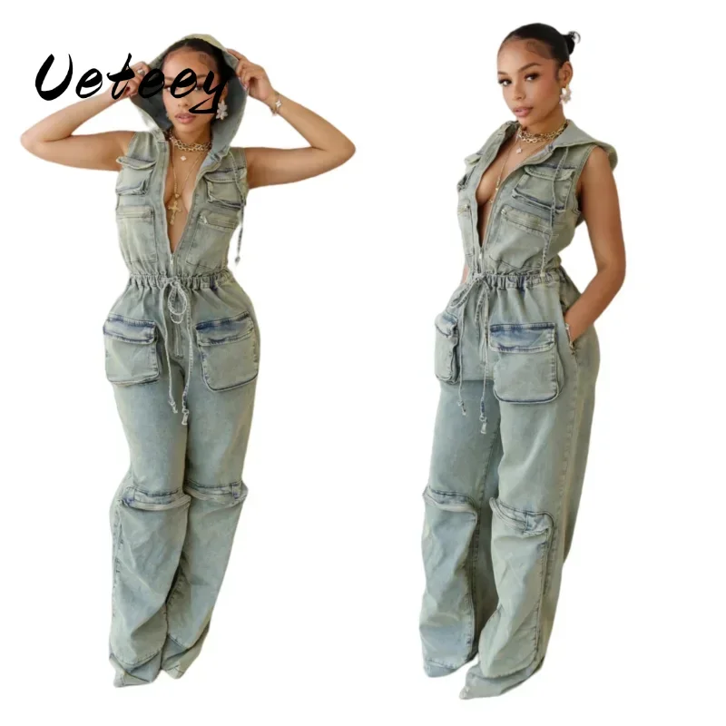 Джинсовый комбинезон Ueteey для женщин 2024 винтажные комбинезоны без рукавов с