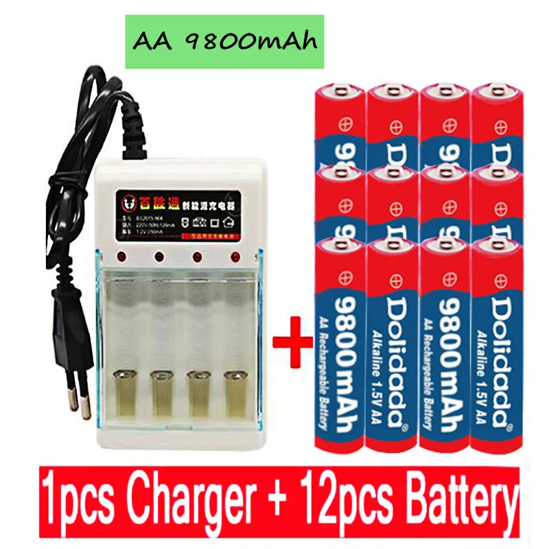 

2021 New Tag AA battery 9800 mah rechargeable battery AA 1.5 V. Rechargeable New Alcalinas drummey +1pcs 4-cell battery charger