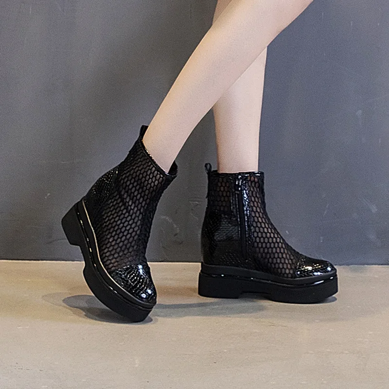 2023 Women High Heel Boots Mesh Hollow Out Transparent Boots Platform Shoes Black Boots Outdoor Women Summer High Top Shoes