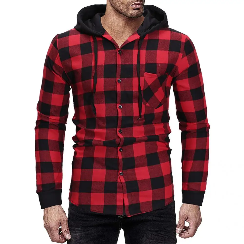 

fashion Long Sleeve Slim Top Hooded Shirt Printed Plaid Pattern tops Men