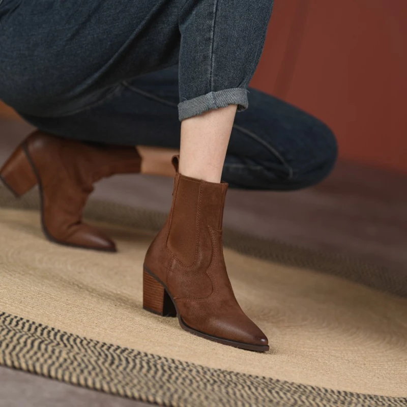 NEW Fall/Winter Women Shoes Pointed Toe Chunky Heel Boots Genuine Leather Black Boots for Women Fashion Hight Heel Modern Boots