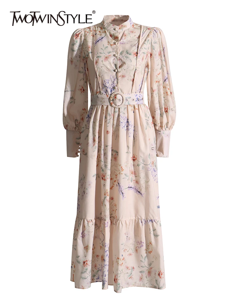 

TWOTWINSTYLE Elegant Printing Dresses For Women Stand Collar Lantern Sleeve High Waist Spliced Ruffles Temperament Dress Female