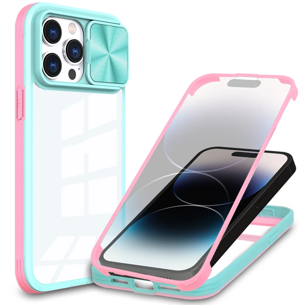 

360 Full Screen Protector Case For iPhone 14 Pro MAX 13 12 11 XS XR 7 8 14 Plus Clear Acrylic Cover Colorful Push Window Camera