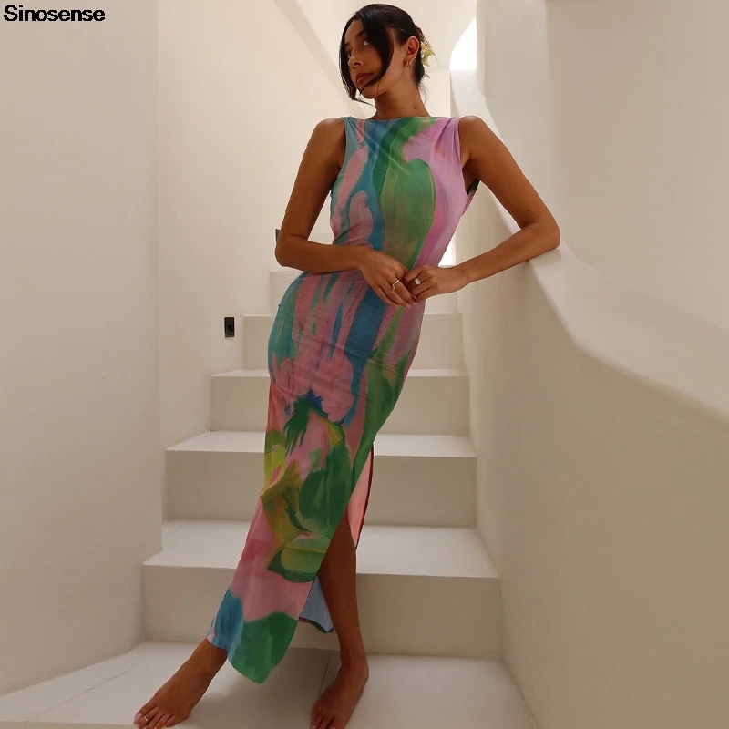 Женское летнее облегающее платье с принтом тай-дай без рукавов круглым вырезом и