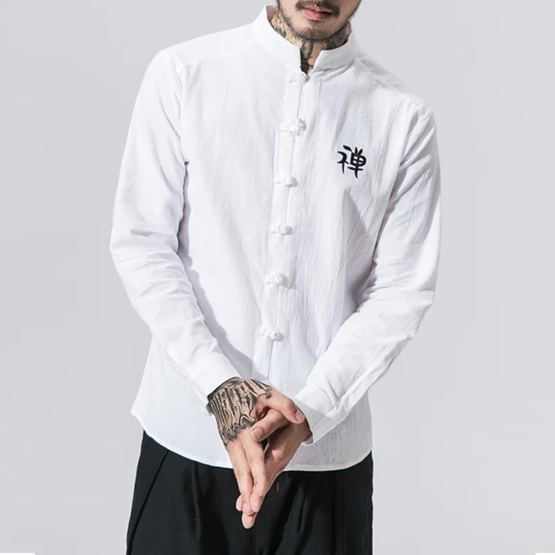 

Men’s Long Sleeve Shirts Traditional Chinese Style Cotton Shirt Casual Cotton Embroidery Blouse Zen Buddhism Clothes Button Tops