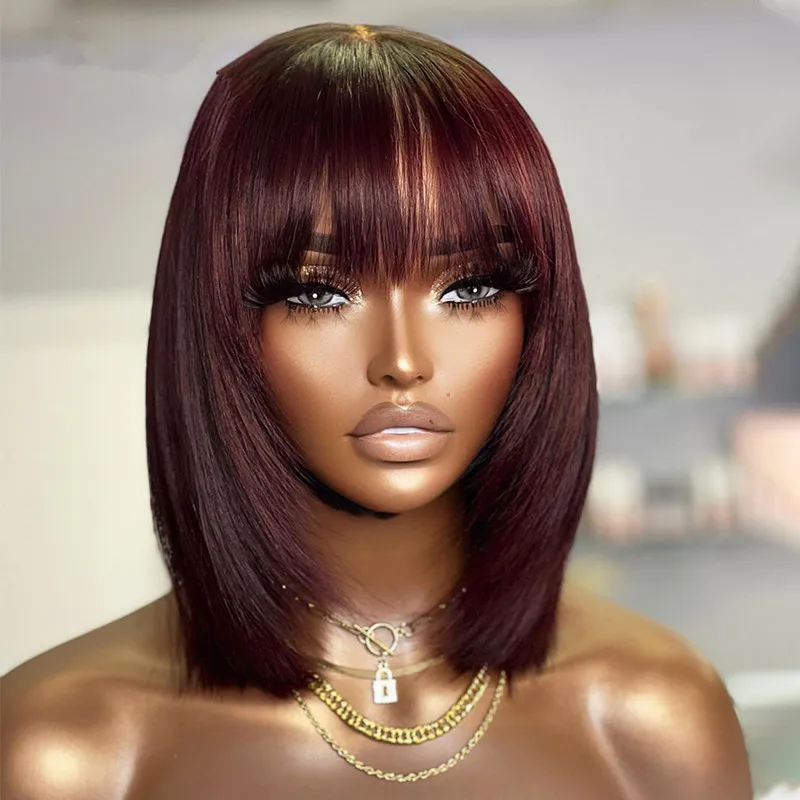 

Short Bob Silky Straight Burgundy Machine Wig With Bangs For Black Women Glueless High Temperature Fiber Cosplay Daily Use Wig