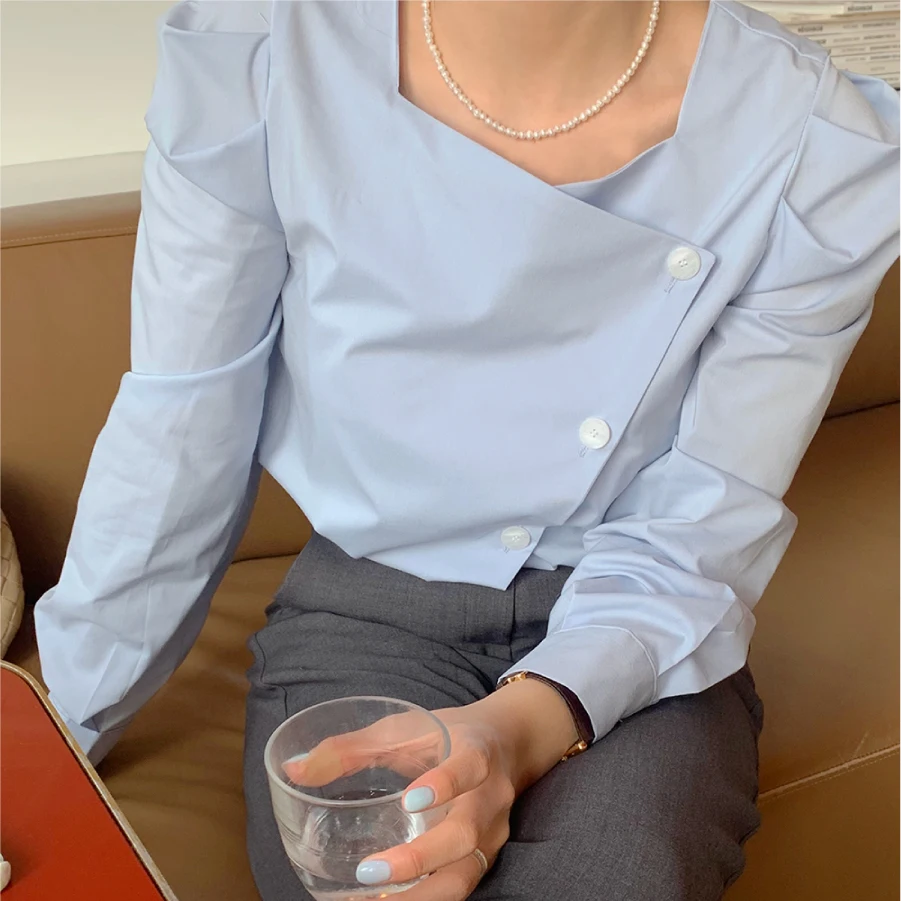 

Женский однобортный Топ с пышными рукавами, винтажная свободная однотонная Элегантная Повседневная рубашка с квадратным вырезом, корейски...