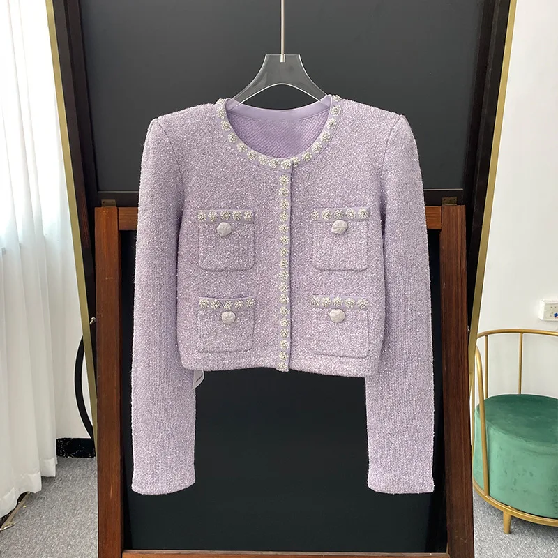 Фото Luxury Quality Autumn Sweater Knitted Two Piece Set For Women Cardigans Short Skirts Suits Beading Diamonds Knitting Top Pleated №5