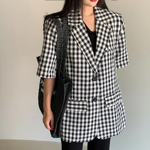 

SuperAen 2022 Summer Short Plaid Suit Coat Notched Single Breasted Casual Jacket Women