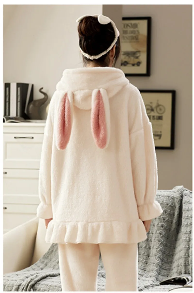 Girl's Winter Warm Plush Pajama Suit Length To The Ankle Polyester Comfortable White Pink Animal Leisure Wear With Two Long Ear