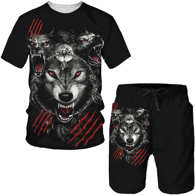 

Sunmmer 3D Printed Ferocious Wolf Sportswear Men's T-shirts Suit Casual O Neck Designer Breathable Oversized Animal Tracksuits