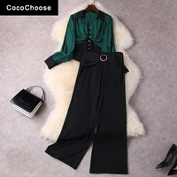 spring 2022 elegant women trouser suits green lapel jacquard shirts top and black wide leg pants sets office 2 piece outfits