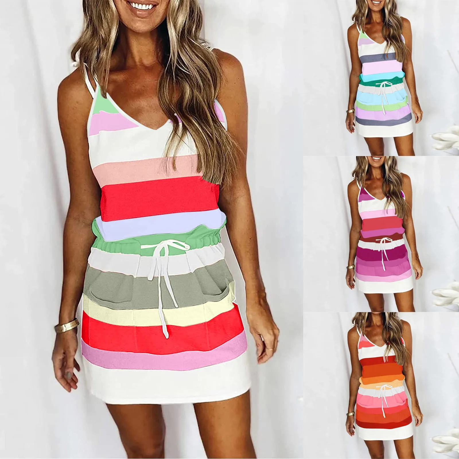 

Женское винтажное мини-платье в полоску, длинное Повседневное платье с V-образным вырезом, коротким рукавом и открытой спиной, лето 2022