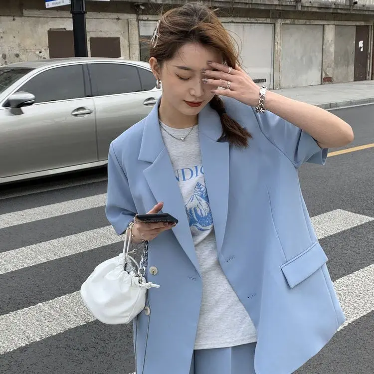 Spring and Summer 2023 Thin Casual Loose Short Sleeve Blazer Women's Suit Shorts Two-piece Set