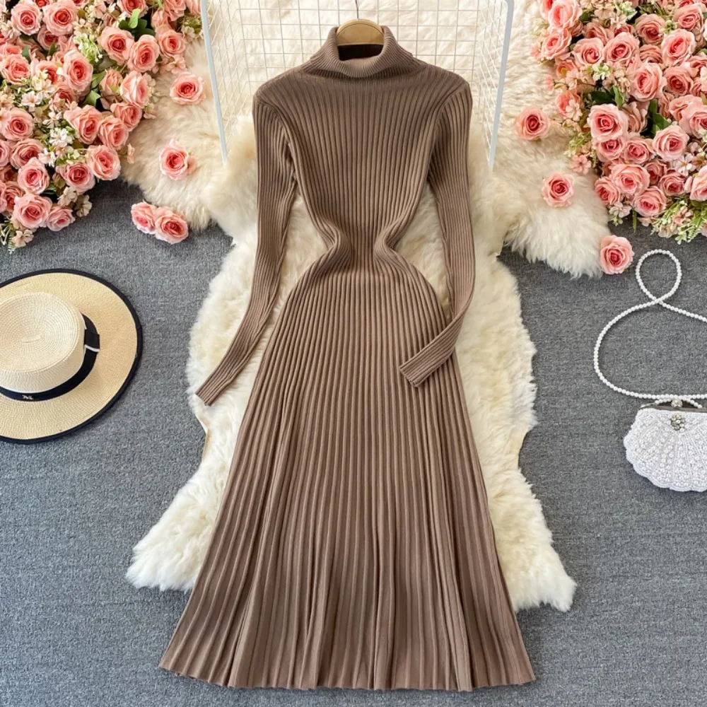 

Knitted Dress Sweater Bottoming Pleated Long Dress Slim Thin Half High Neck Inner Sweater Dress Women Simple with Elasticity