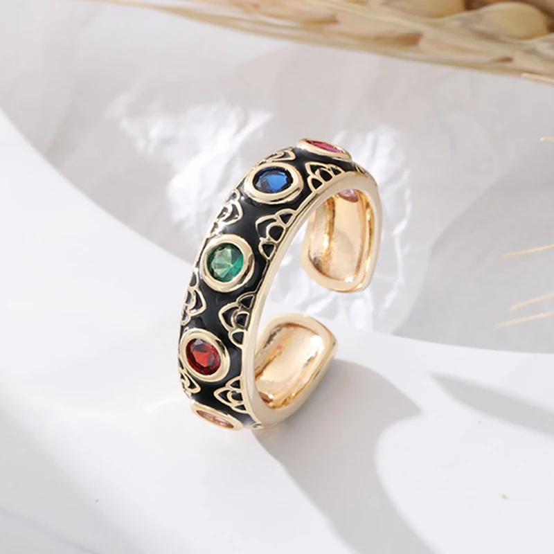 

Simple Trendy Enamel Opening Rings for Women Personality Luxury Colorful Diamond Inlay Engagement Wedding Ring Fashion Jewelry