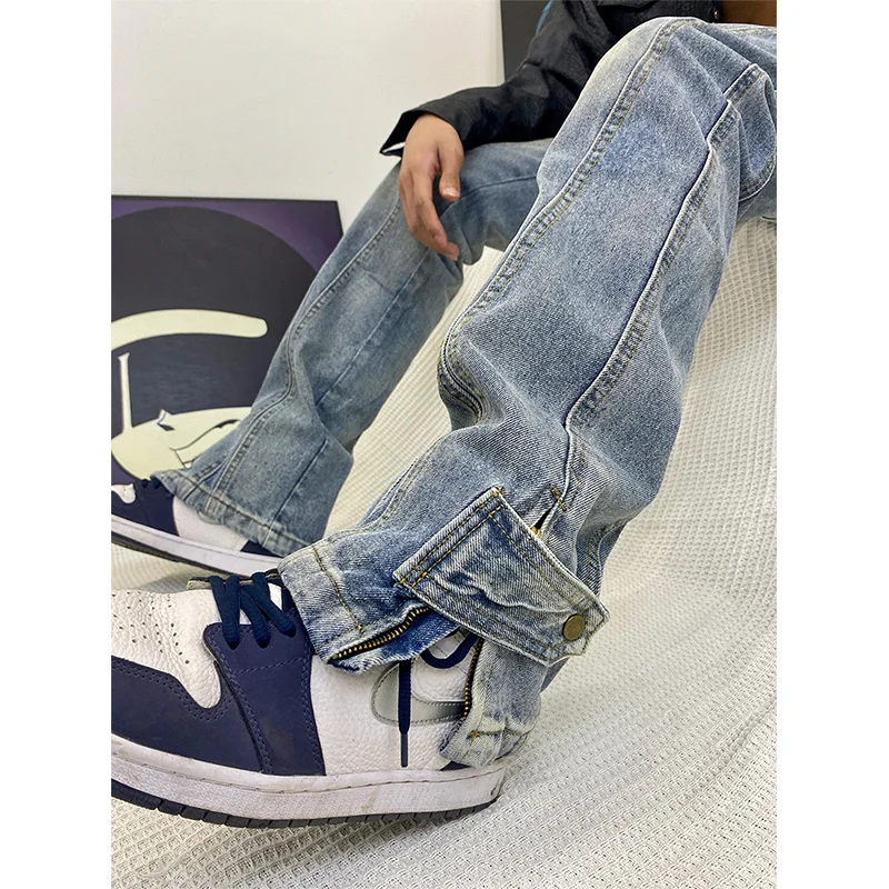 Mens Jeans High Street Zipper Hiphop Slim Retro Light Blue Denim Pants Men and Women Trend Full Length Trousers