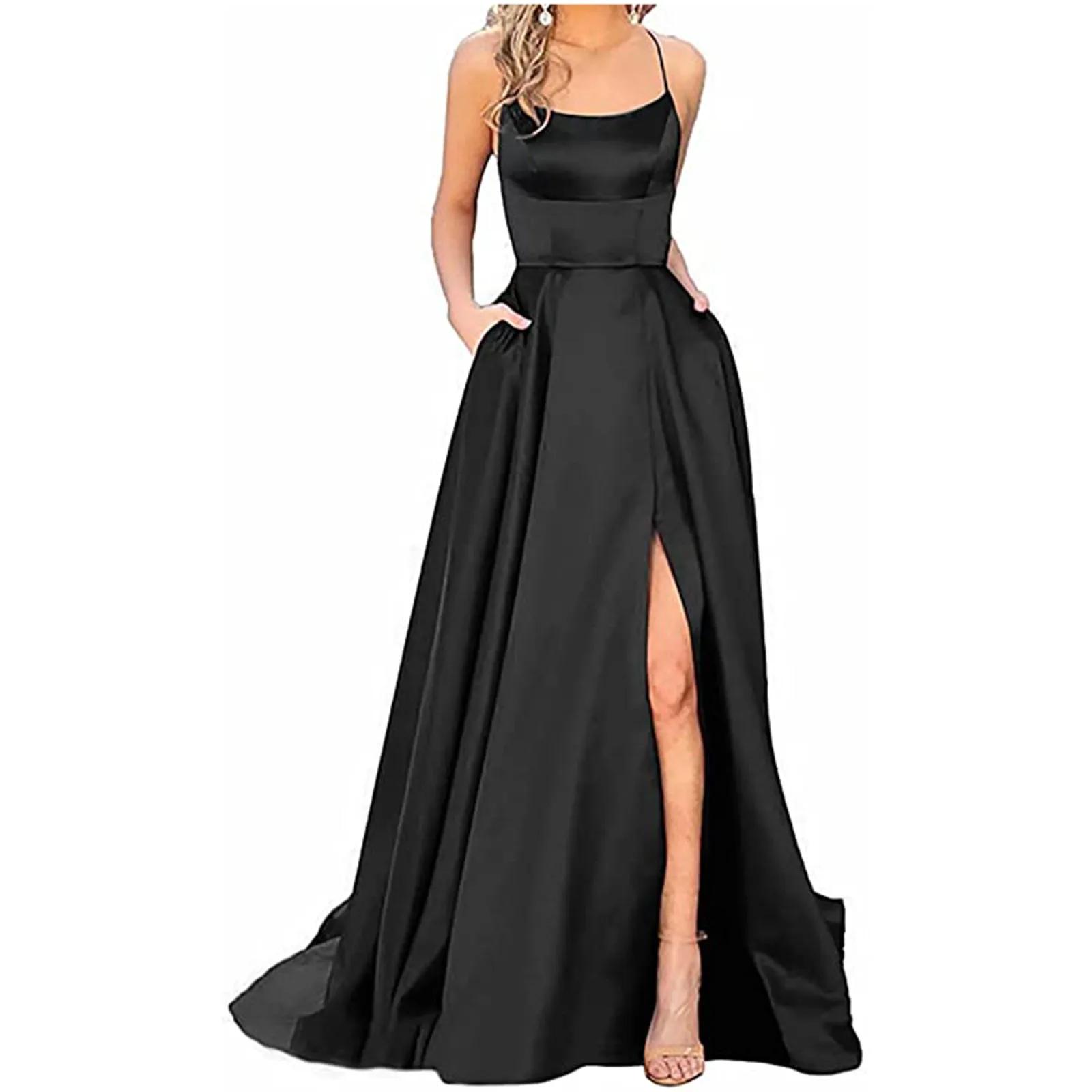 

Women's Long Ball Dresses Elegant Halterneck Criss-Cross Satin Spaghetti Strap Party Prom Dress Side Slit Wedding Pockets