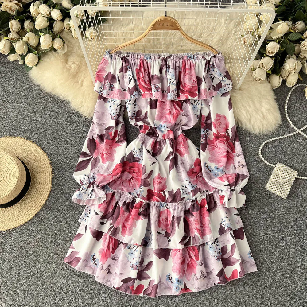 

Платье Tulin женское с цветочным принтом, Модное шифоновое с оборками, воротником-лодочкой, открытыми плечами и длинным рукавом, в стиле бохо, на весну