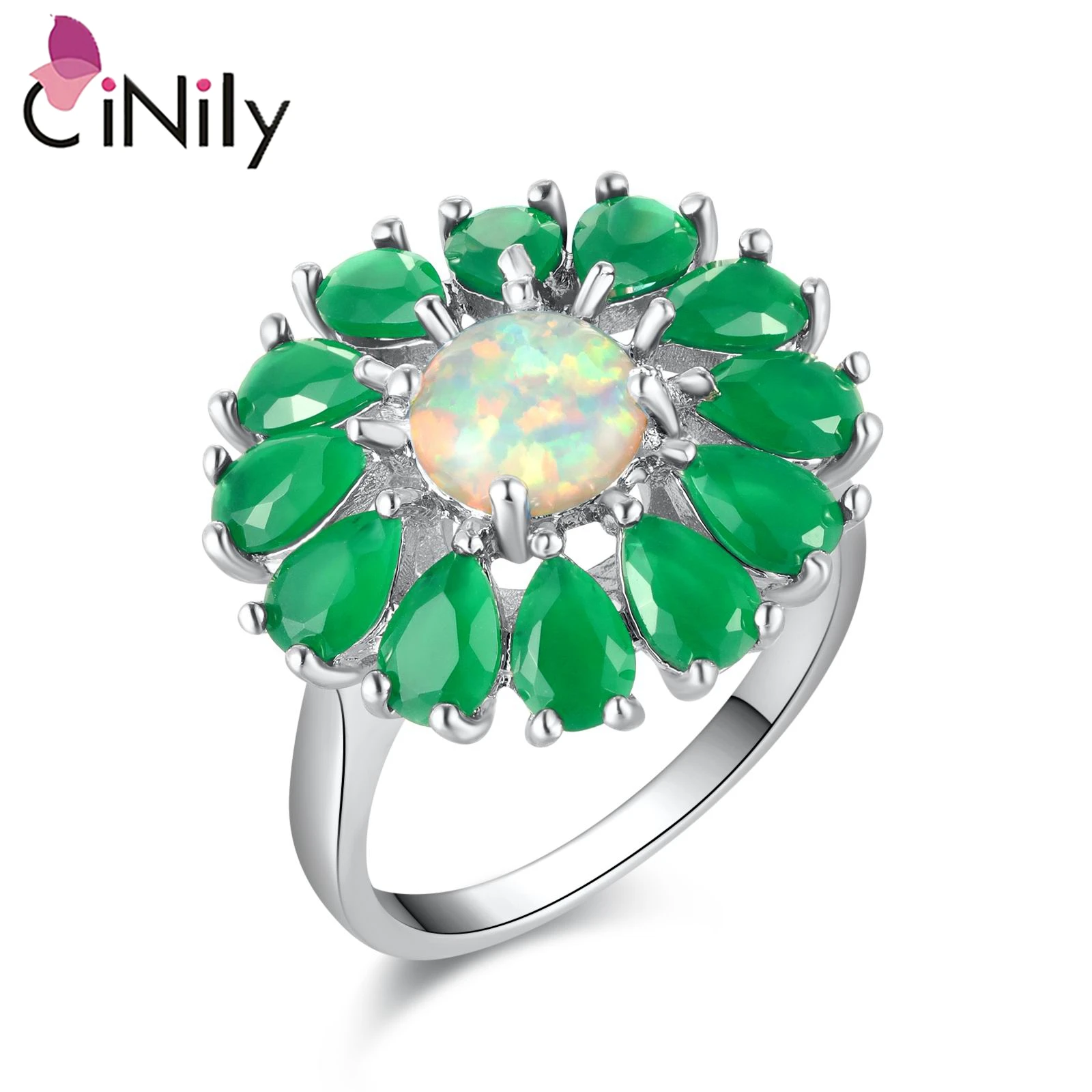

CiNily Luxury Created White Fire Opal Rings with Green Quartz Stone Silver Color Flower Fashion Jewelry for Women Wedding Party