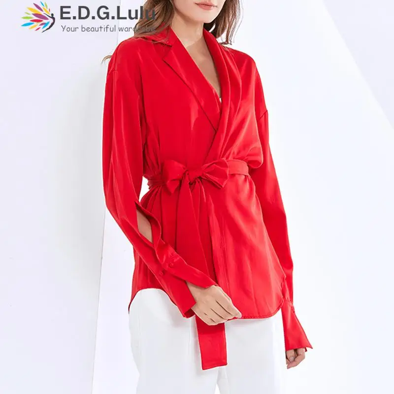 EDGLuLu Womenturn-down Collar Long Sleeve Blouses Shirts Casual  Waist Lace-up Bow Office Lady Blouse Loose Shirt Red Tops 1205