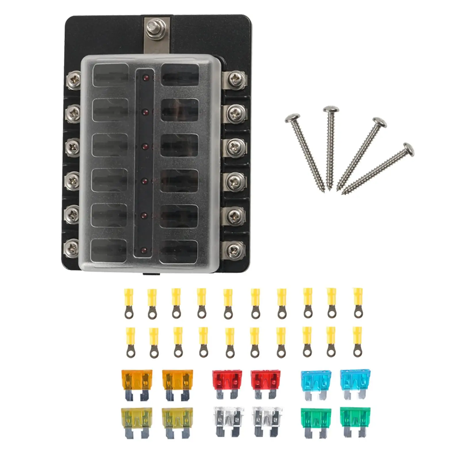 

12 Way Blade Fuse Block LED Light Indication 32V Waterpoof Cover Damp Proof 12 Circuit Fuse Box for Marine Car Truck RV