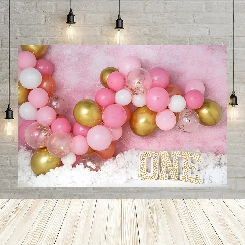 

Girl 1st Photocall Birthday Decor Backdrop Cake Smash Pink Gold Balloon Cloud Portrait Photography Background Photo Studio Props