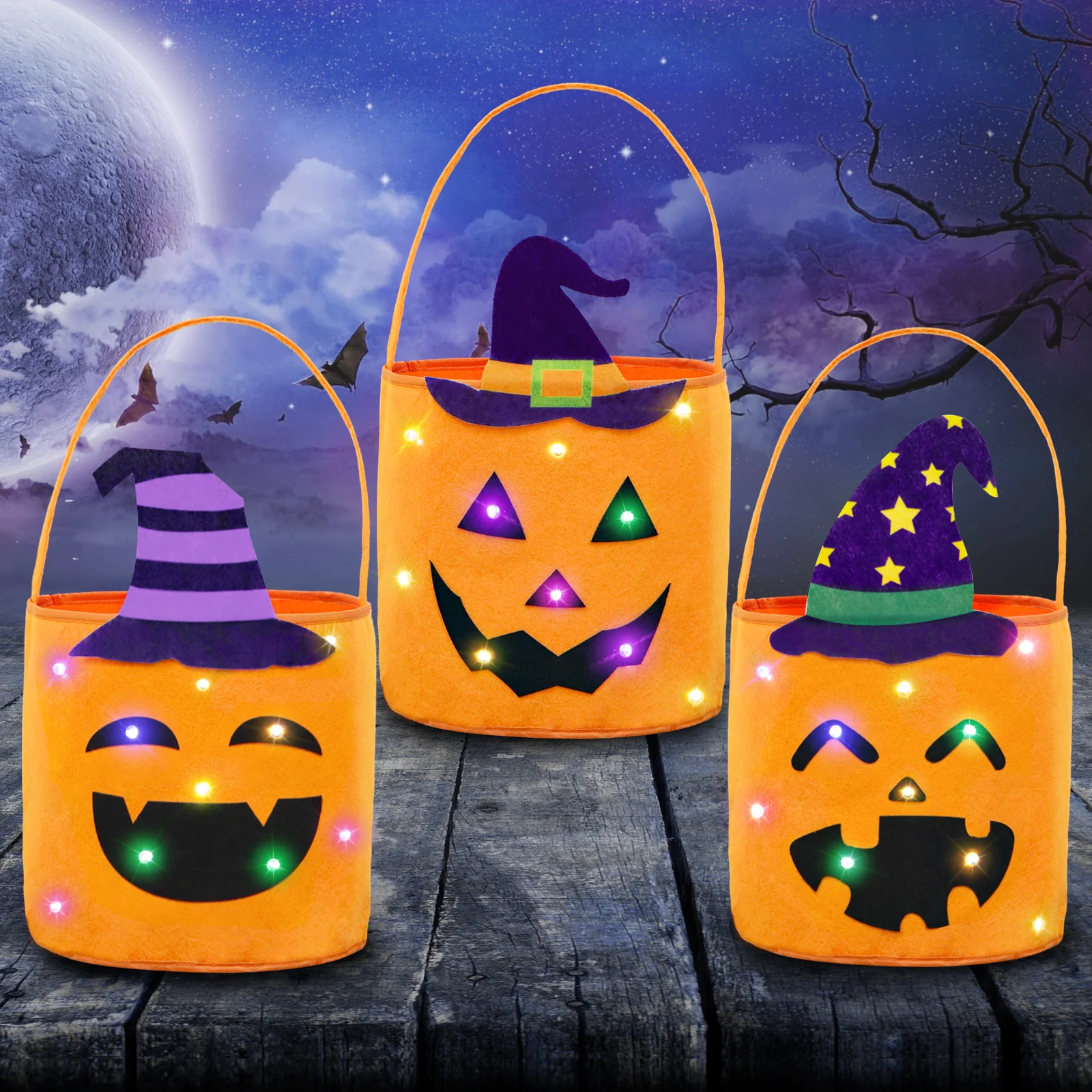 

Halloween Felt Bucket Candy Bag LED Light Trick or Treat Bucket Pumpkin Candy Bags Collapsible Halloween Basket Party Gift Baske