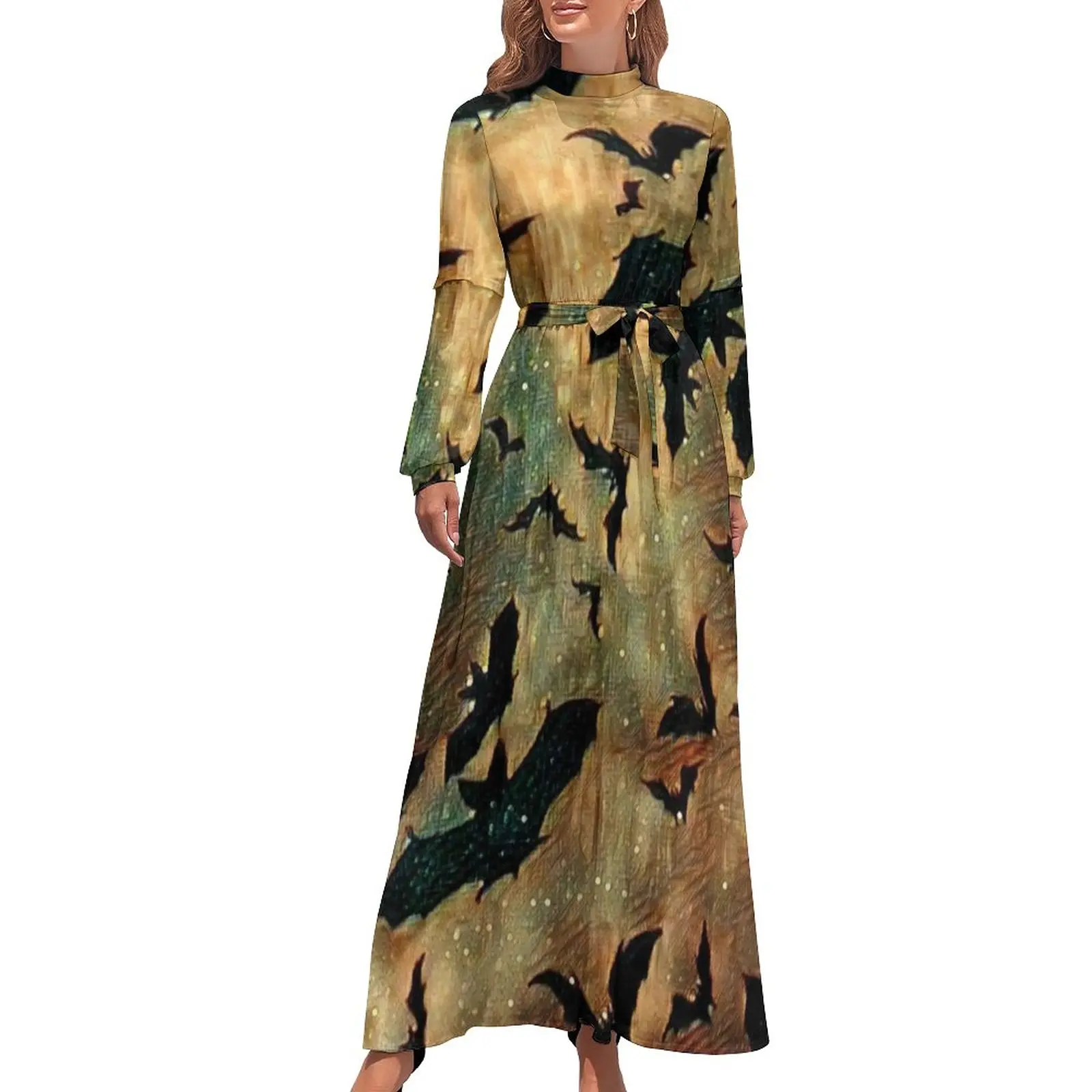 

Magic Bat Dress Black Mega Bats Print Stylish Bohemia Dresses Female Long-Sleeve High Waist Elegant Long Maxi Dress