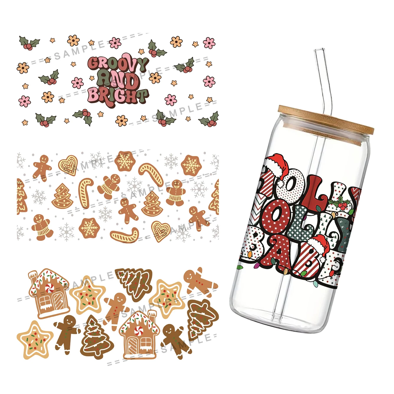 Для Libbey 16oz Can Glass UV DTF Coffee Wrap Christmas