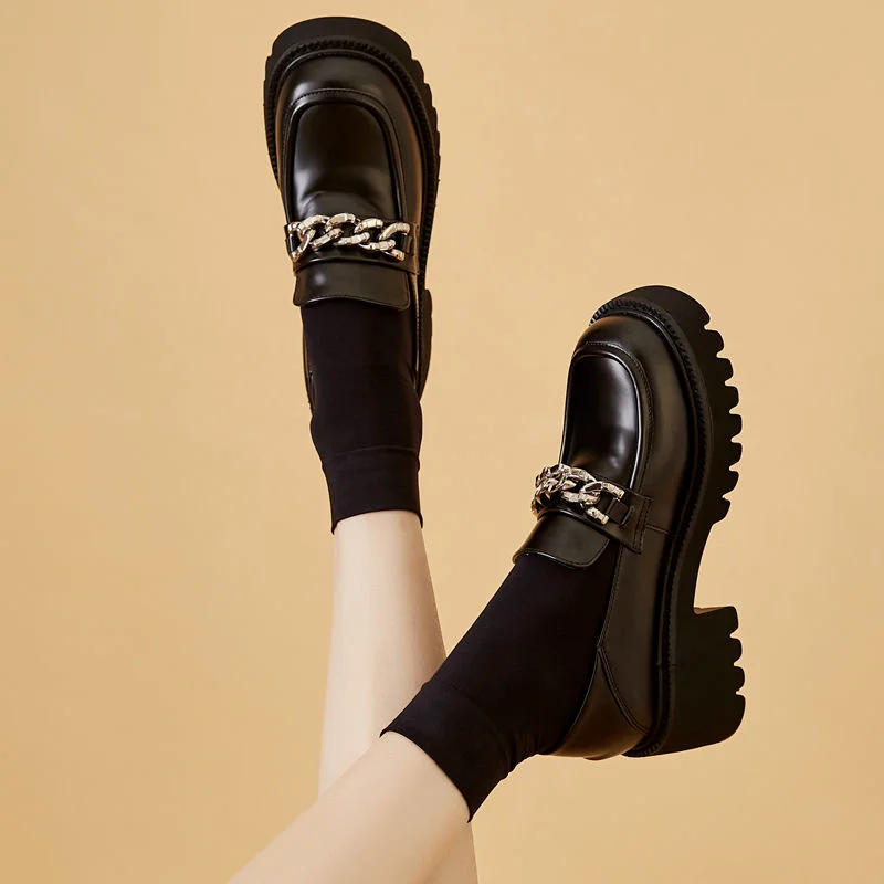 

Туфли женские из ПУ кожи, лоферы, платформа, круглый носок, металлическая цепочка, без застежки, плоская подошва, летняя обувь, 2023