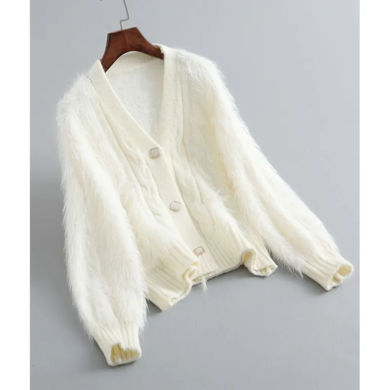 

Autumn Winter V-neck Short Knit Cardigans Women Long Sleeve Single Breasted Fur Knit Short Coat