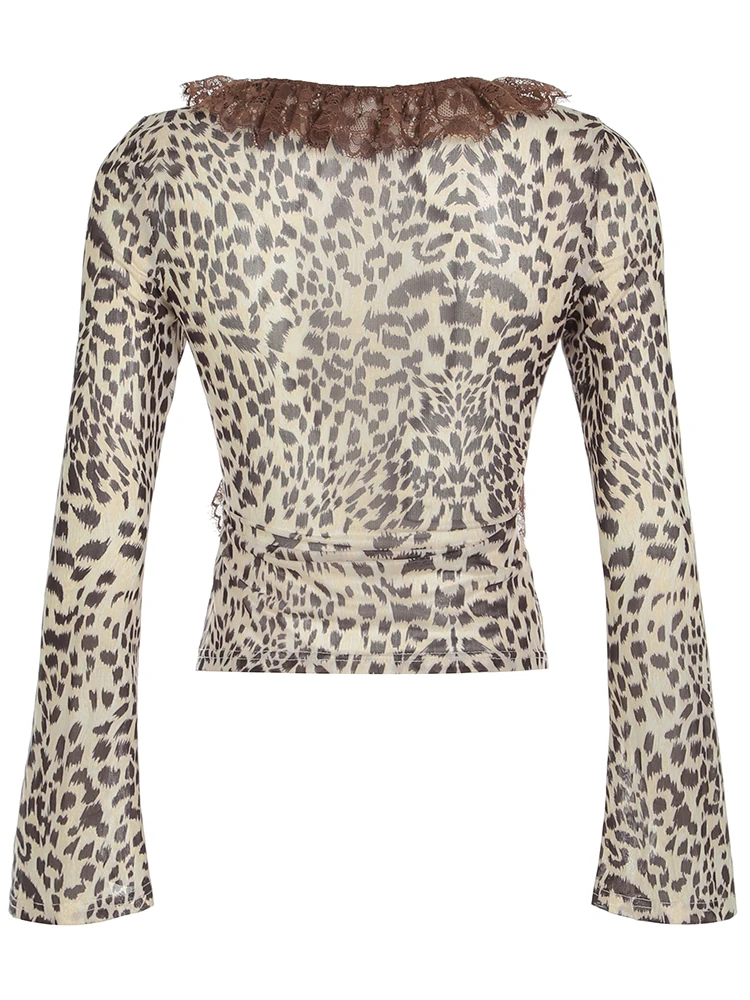 Rockmoer Сетчатые рубашки с леопардовым принтом Сексуальные прозрачные женские