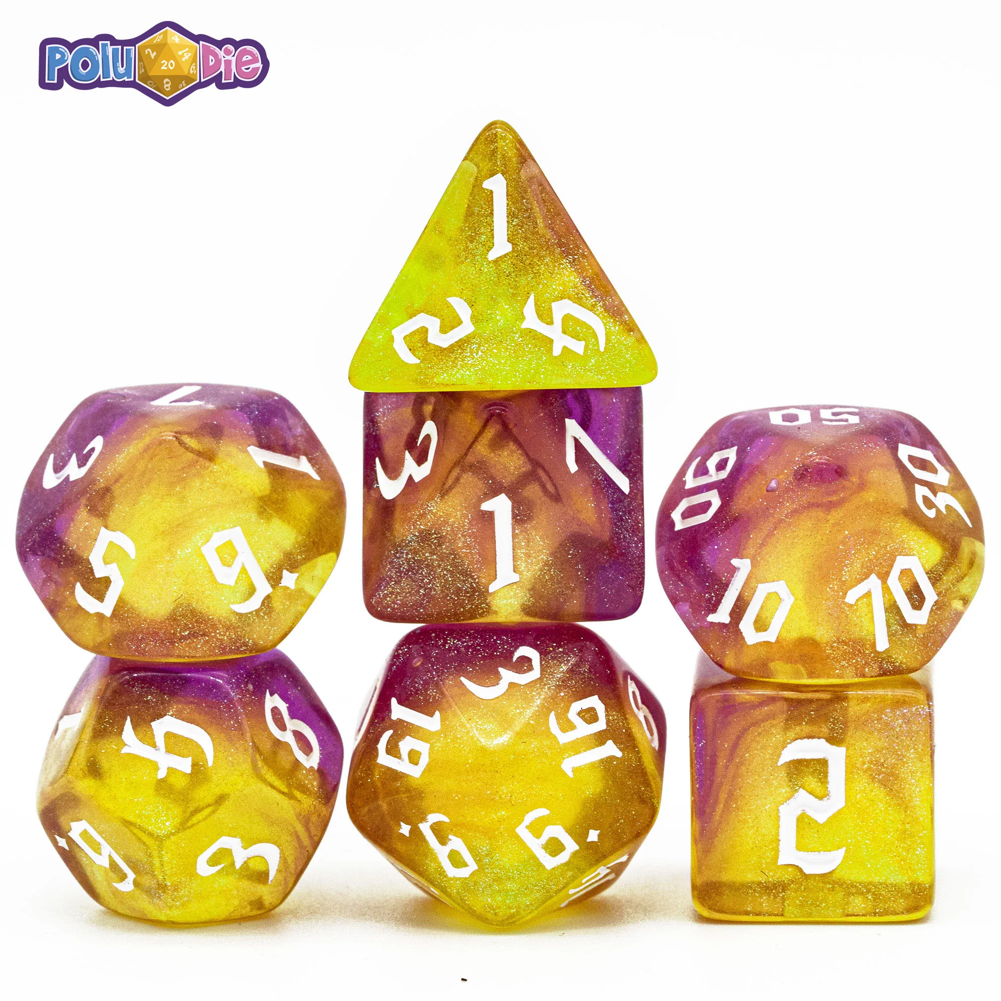 

7Pcs/Set Purple Yellow DND Dice Set D4 D6 D8 D10 D% D12 D20 Sickle Font Polyhedral Dice for Role Playing Board Game D&D RPG MTG