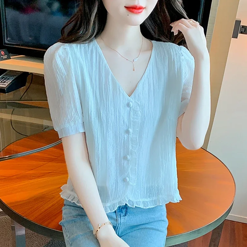 Модные шифоновые рубашки лето 2024 женские корейские топы с v-образным вырезом