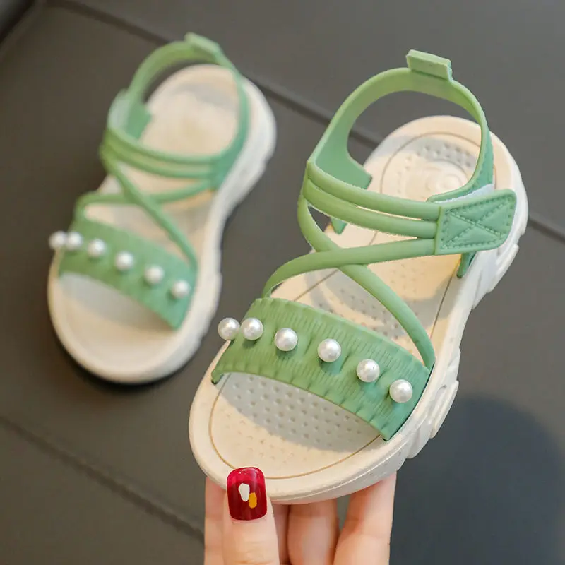 Summer Girls Pearl Sandals 2023 New Lovely Green Pink Little Girl Princess Sandals Kids Casual Flat Shoes Outdoor Child Footwear