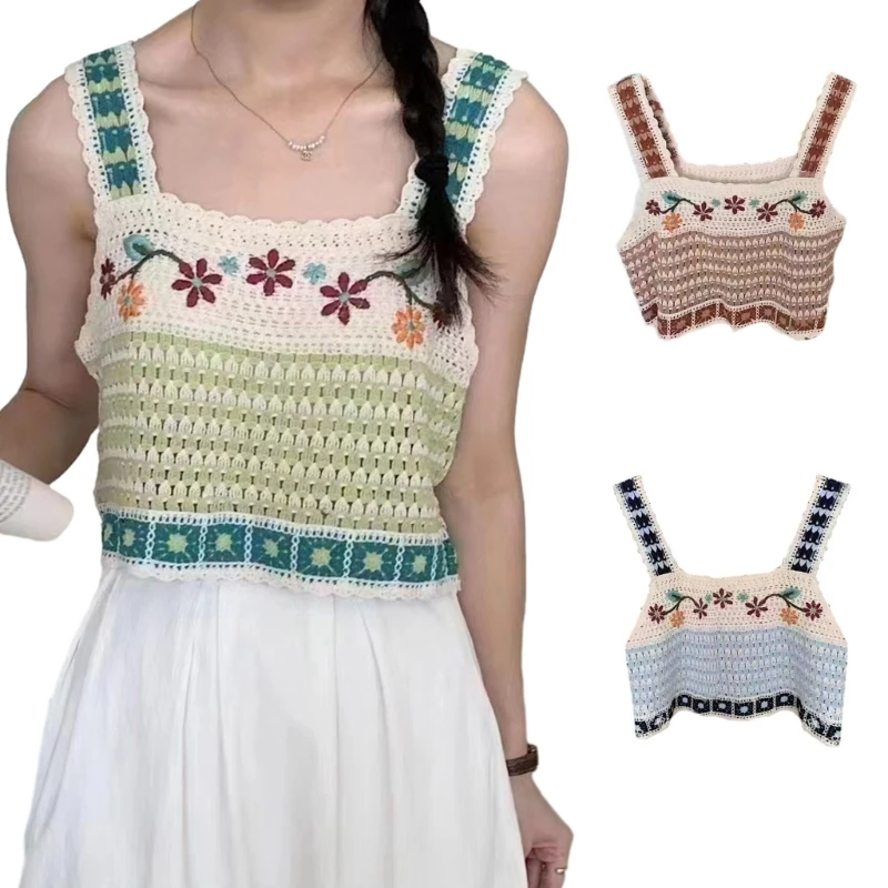 

Bohemian Vintage Sleeveless Top with Colorblock Design Square Neck Mini Vest Hollow Tops