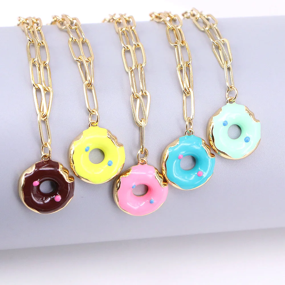 

Cute Enamel Doughnut Pendant Necklace For Women Dainty Gold Color Choker Necklaces 2022 Collares Jewelry Gift