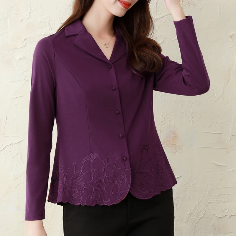 Элегантные фиолетовые вышитые женские рубашки Осень-Зима базовые Топы с длинным