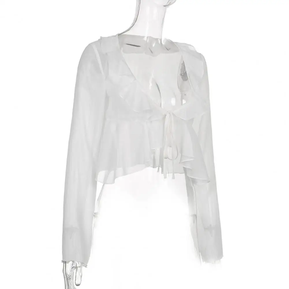 

Легкий стильный женский летний пикантный прозрачный укороченный топ на бретельках Укороченный кардиган с оборками Женская одежда