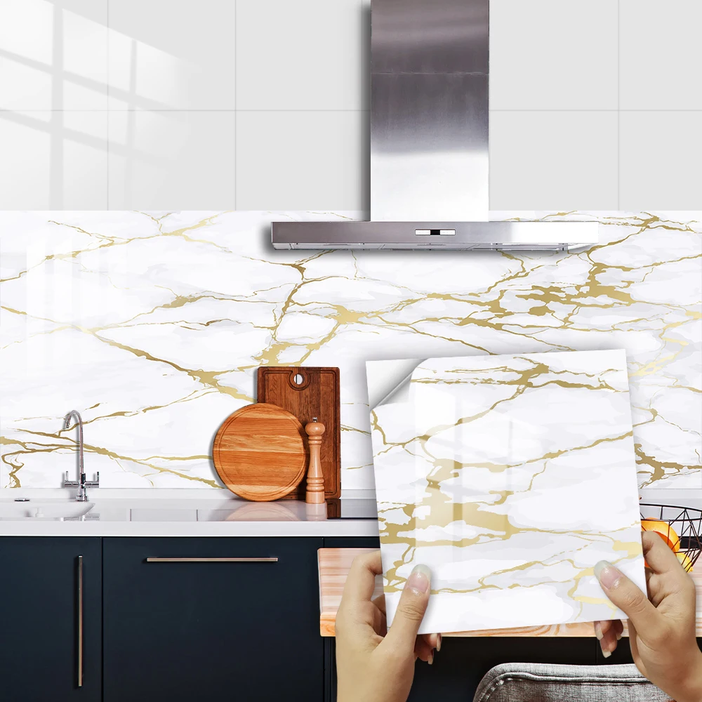 

10pcs Gold White Marble Tile Sticker Kitchen Backsplash Oil-proof Bathroom Waterproof Wall Decals Peel & Stick Art Wallpaper