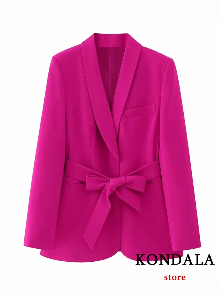 KONDALA Vintage Solid Roesred Women Suits Office Lady Fashion 2023 Long Sleeve V Neck Bow Belt Oversized Blazer Wide Leg Pants