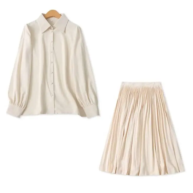 Fashion Set Autumn New Foreign Trade Women clothes Single-Breasted Lapel Long sleeve Shirts + Pleated Half-Length Midi dress ...