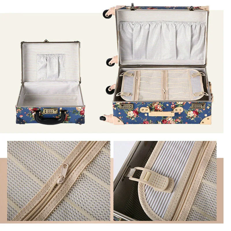 Women's Vintage Printed Travel Suitcase Floral Pattern Composite Waterproof Cloth Luggage Universal Wheel Trolley Luggage