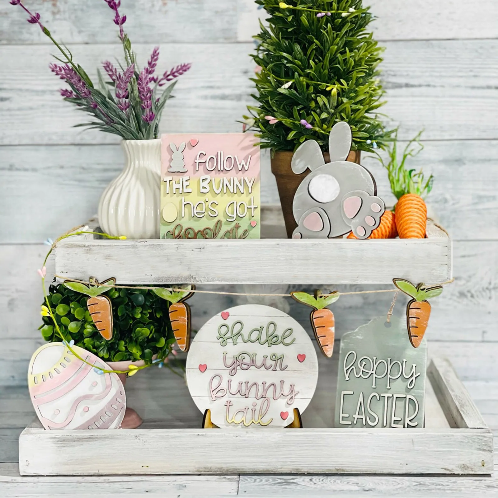 

Easter Tiered Tray Decorations Rabbit Carrot Wooden Signs Easter Tiered Tray ornament Party Event Home Decoration