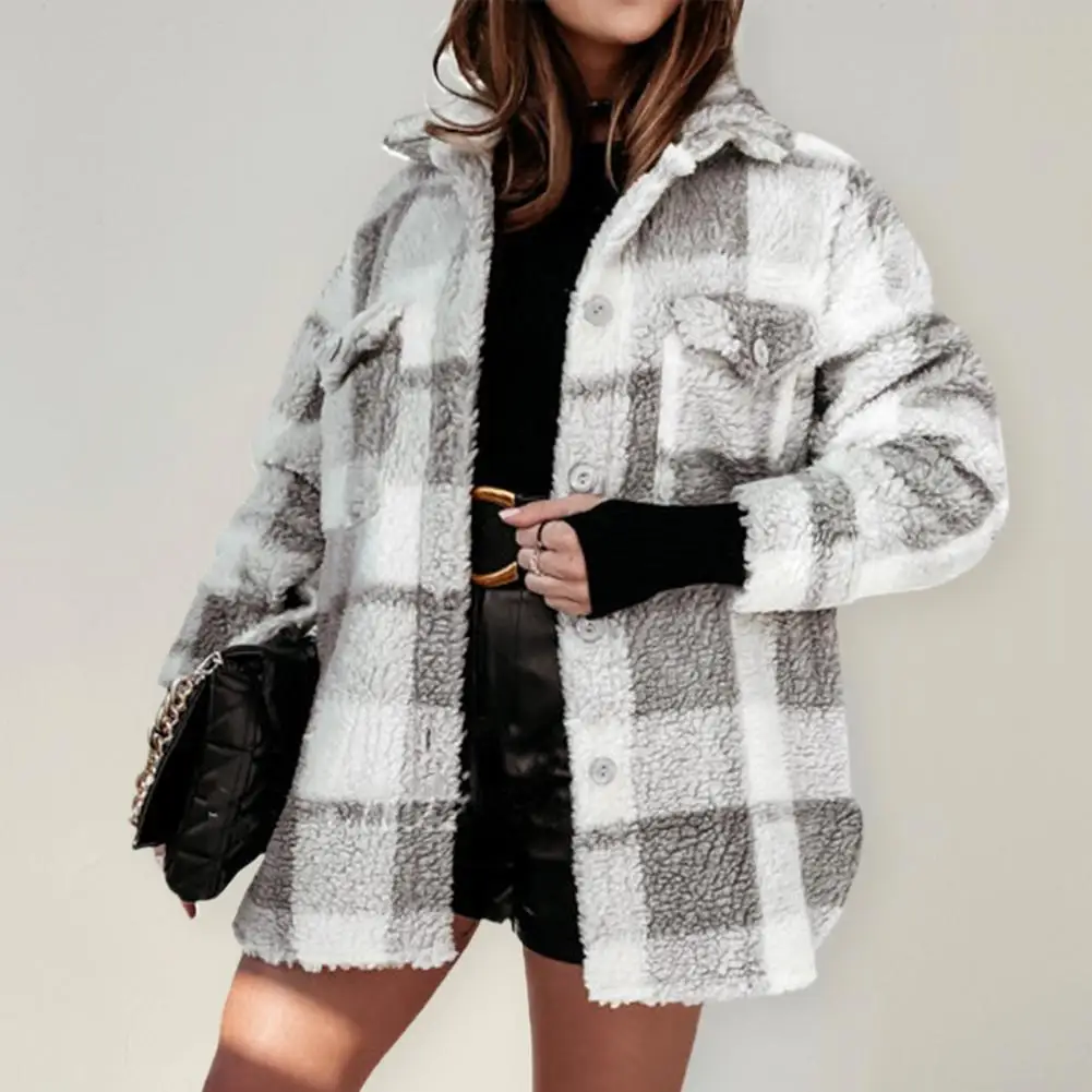 

Thick Stylish Lapel Warm Colors Block Women Winter Jacket Fluffy Lady Coat Plaid Print for Daily Wear