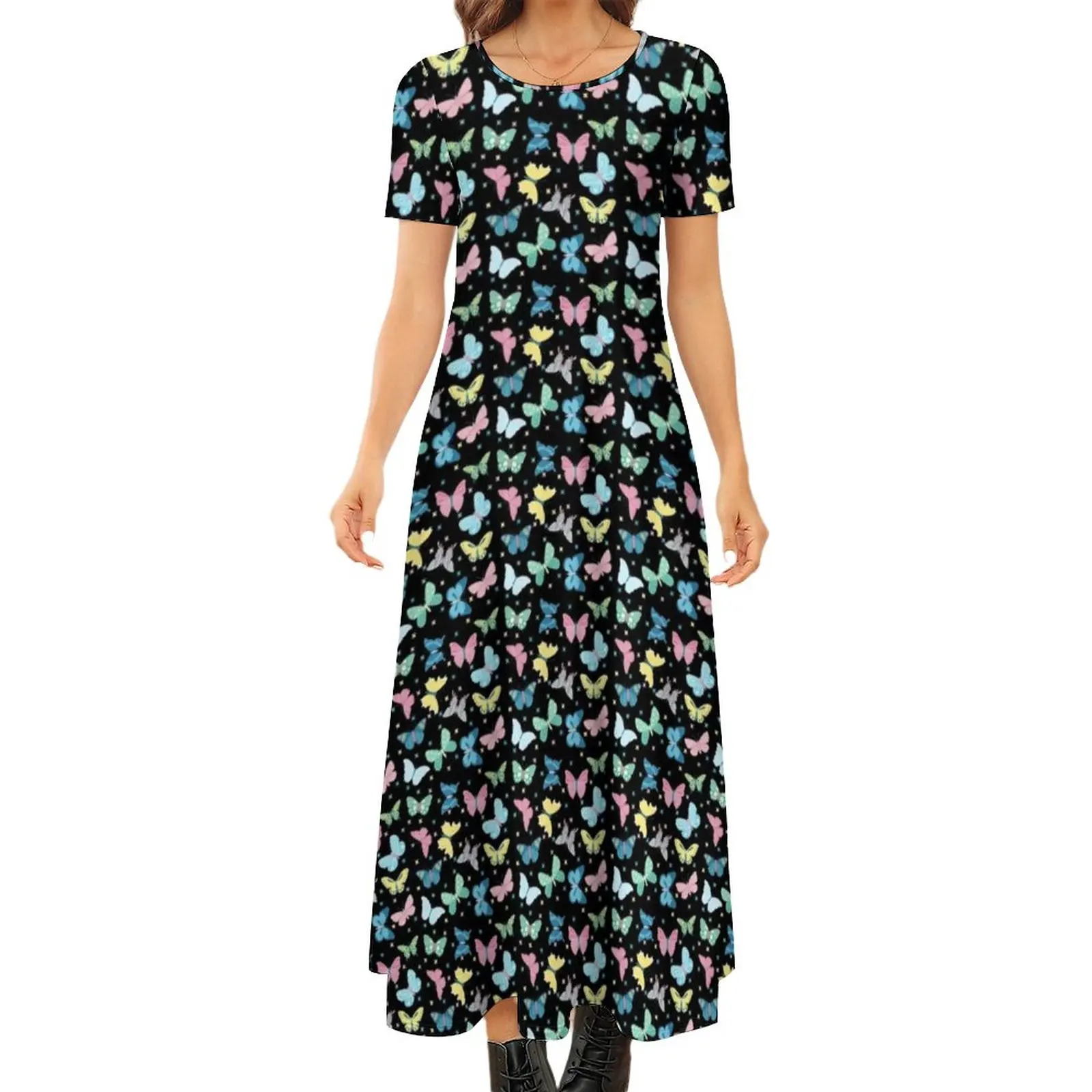 

Blue Pink Yellow And Green Butterflies Dress Butterfly Print Floral Art Party Maxi Dress Short Sleeve Boho Beach Long Dresses