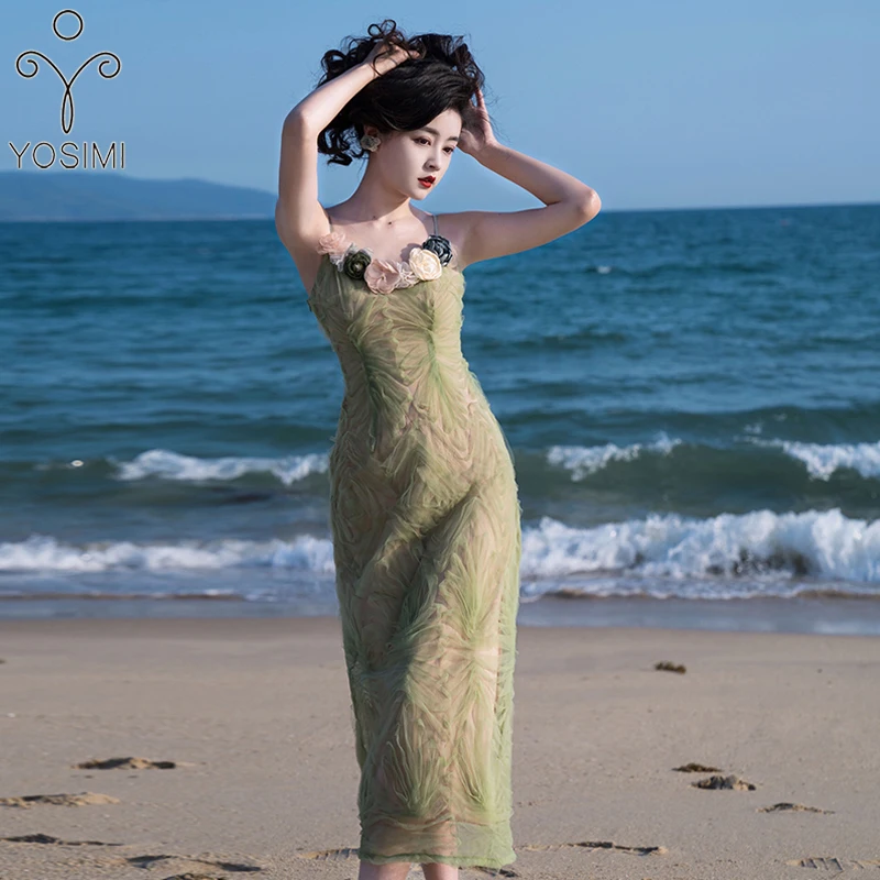 

YOSIMI 2022 летнее оливковое зеленое Сетчатое длинное женское платье с аппликацией без рукавов винтажное платье-футляр пикантное вечернее длинное платье